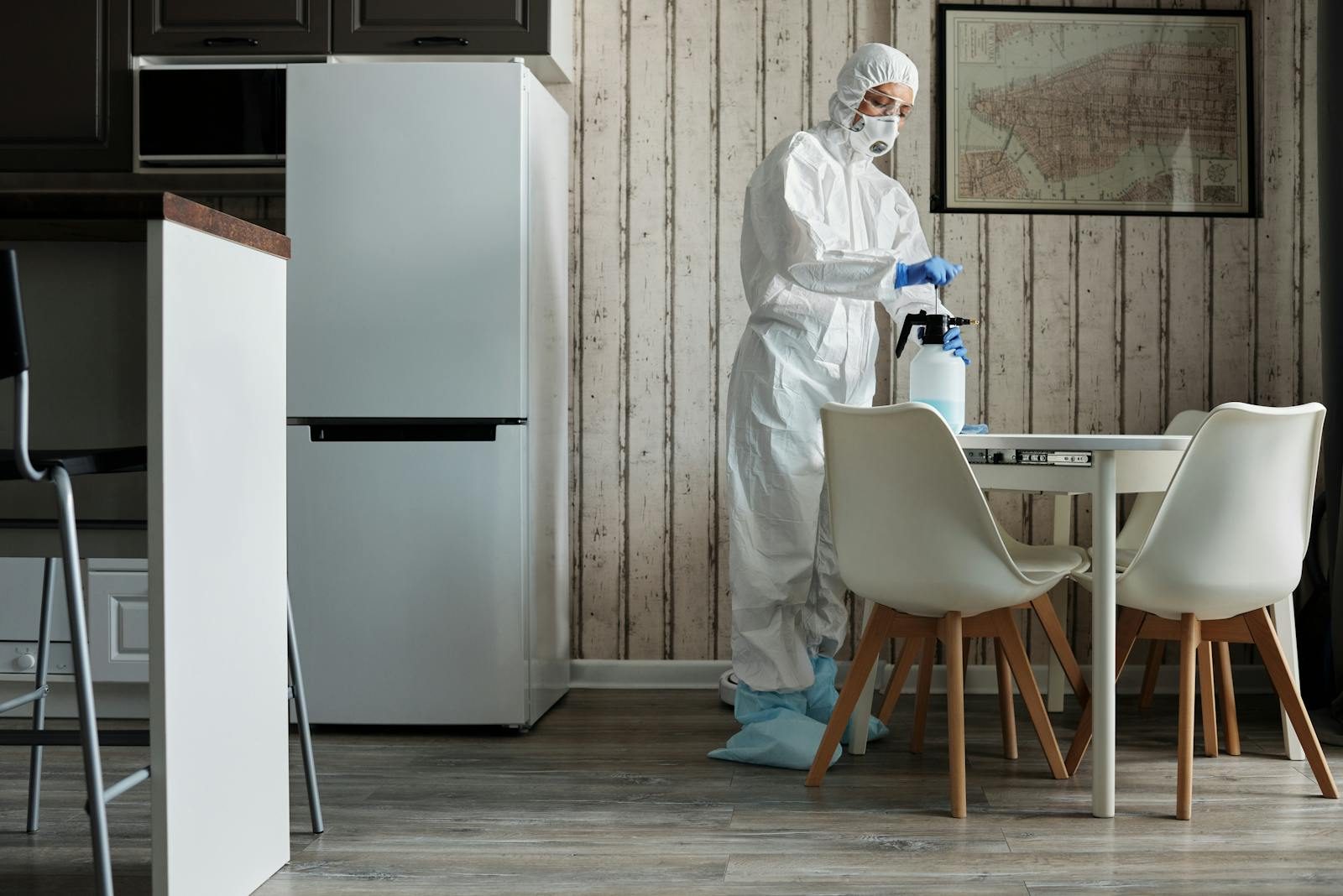 Une personne en combinaison de protection désinfecte une table de cuisine moderne avec un flacon pulvérisateur à des fins d'hygiène.
